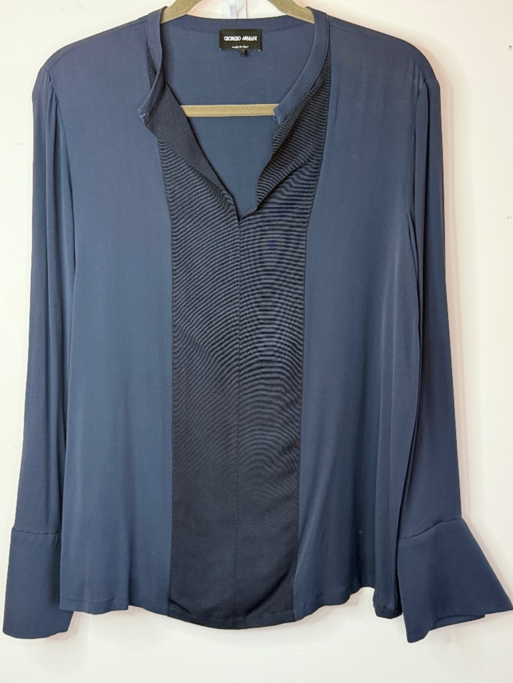 Armani Collarless Silk Shirt Navy Blue Made in Italy Women’s